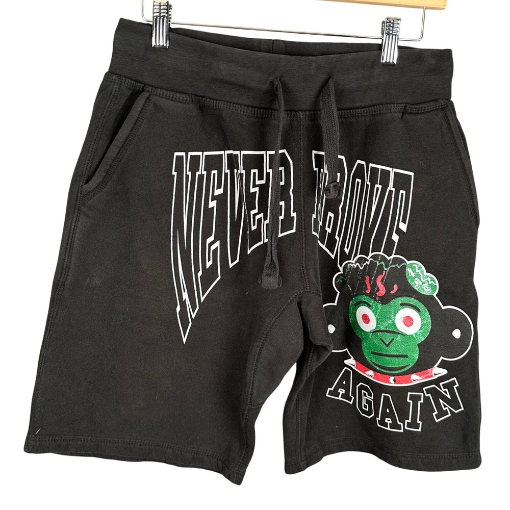Never Broke Again Mens Black Graphic Fleece Sweat Shorts Size Medium Monkey
